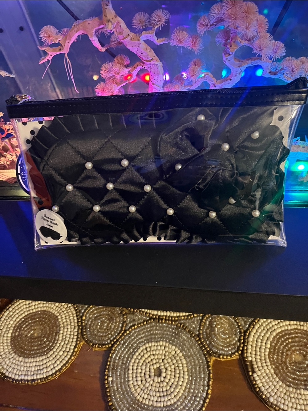Style Envy Black Quilted Cosmetic Pouch with Pearl Accents